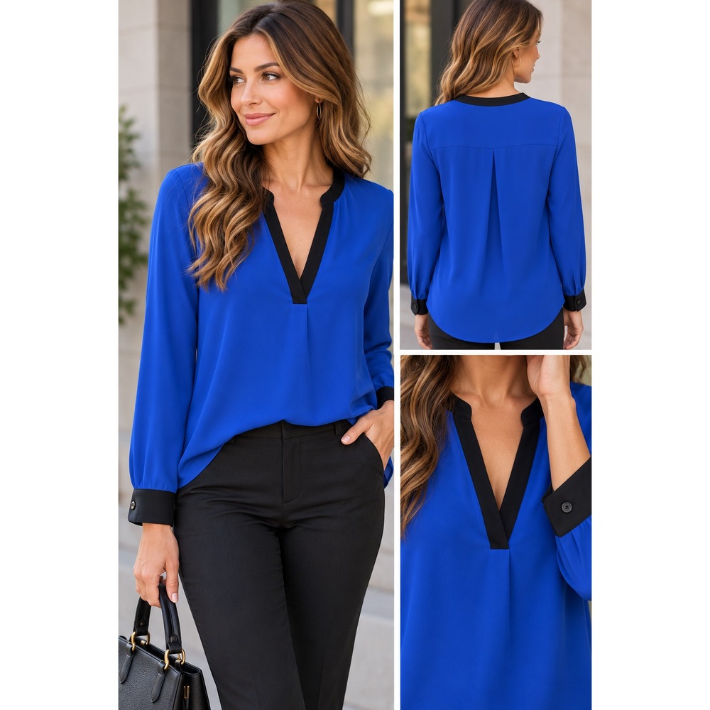 Karen Kane Blouse S Cobalt Blue Black Trim V Neck Long Sleeve Made USA Workwear